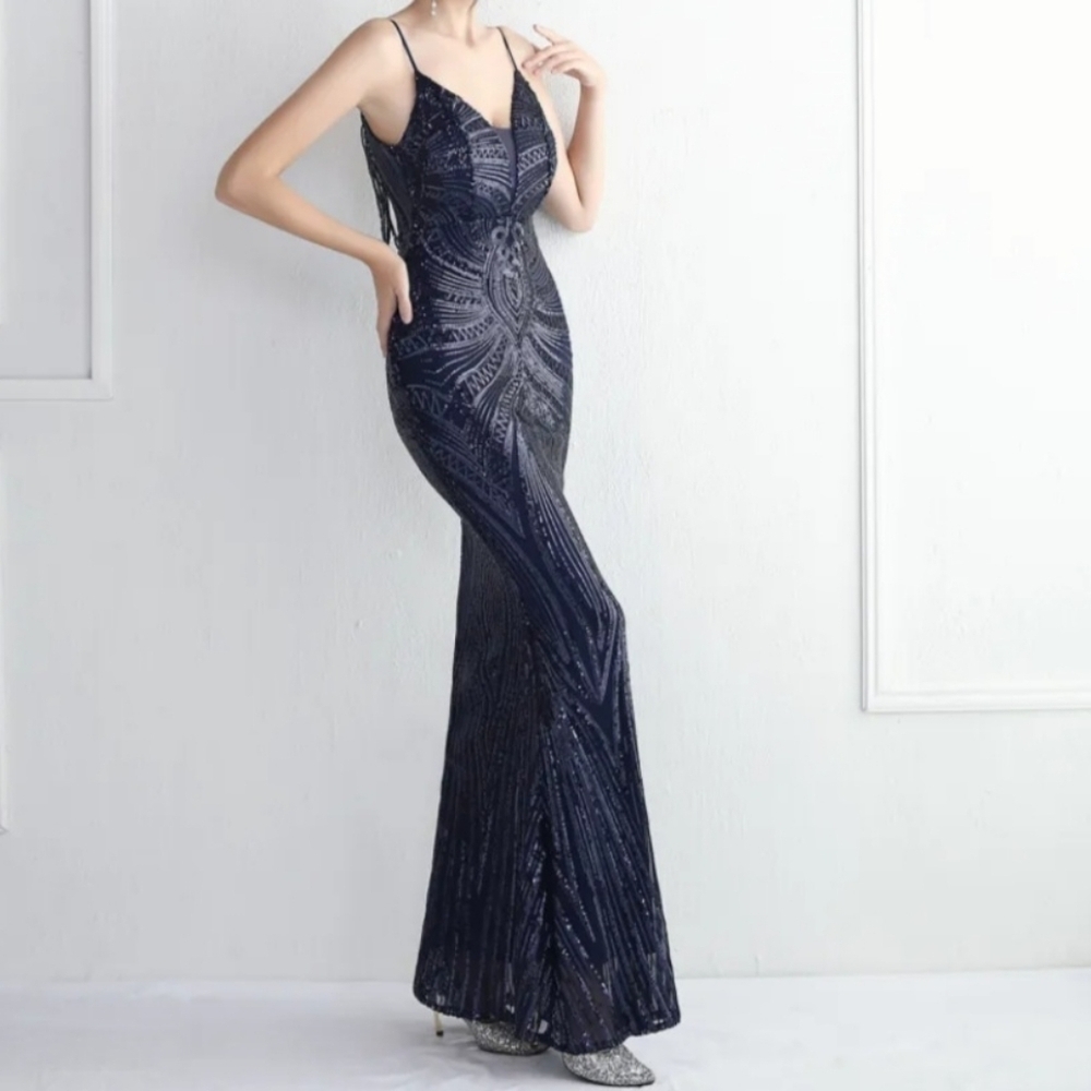 Navy, Geo Print, Sleeveless, Beaded Draped Back,  Contrast Sequined Merm…